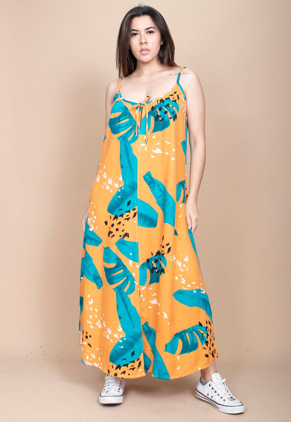 Vestido Longo Cabanafree Caçuá Viscose Alça Fina Estampa Aurora Botânica