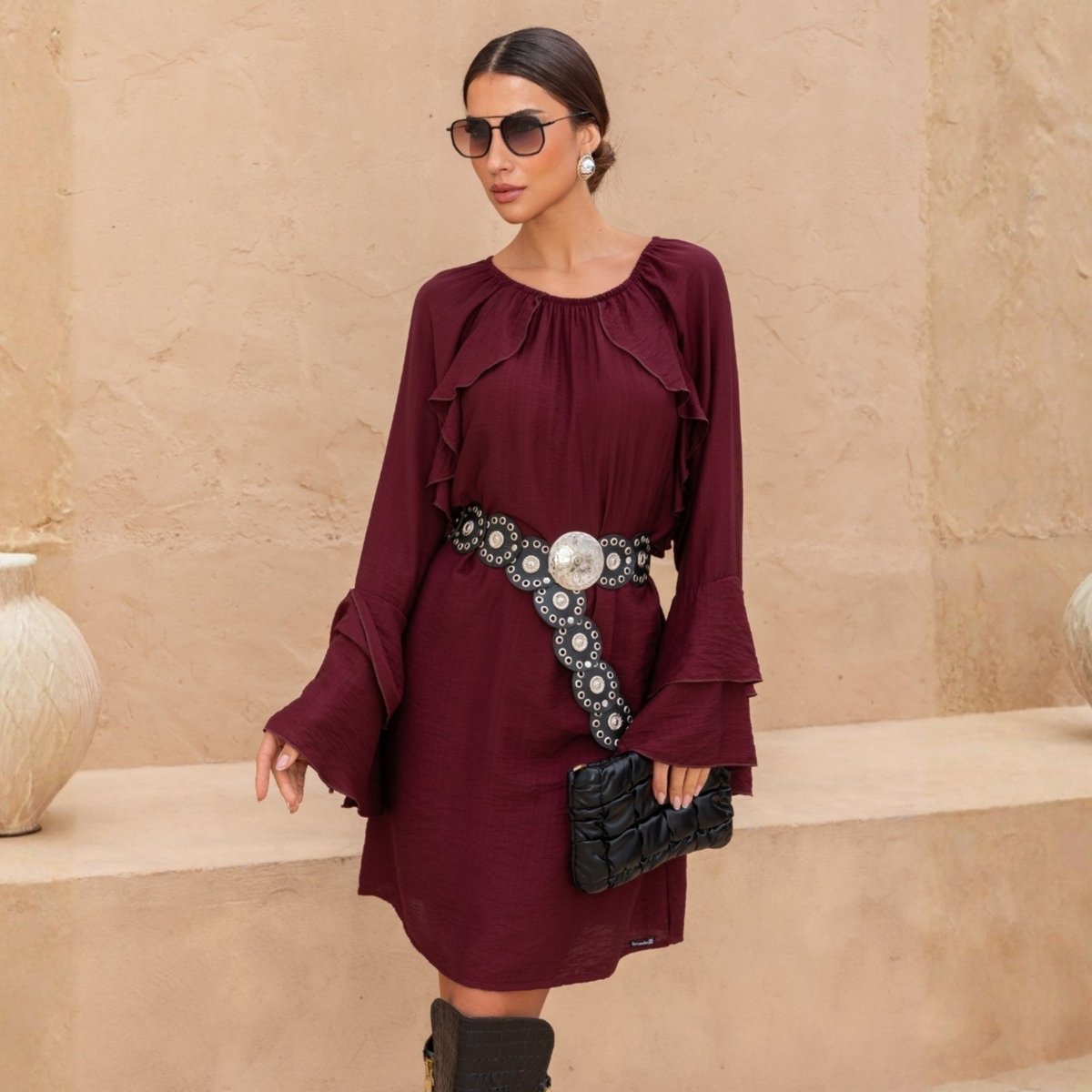 Vestido Amplo Manga Longa Com Babados Boho Feminina Revanche Eraclea