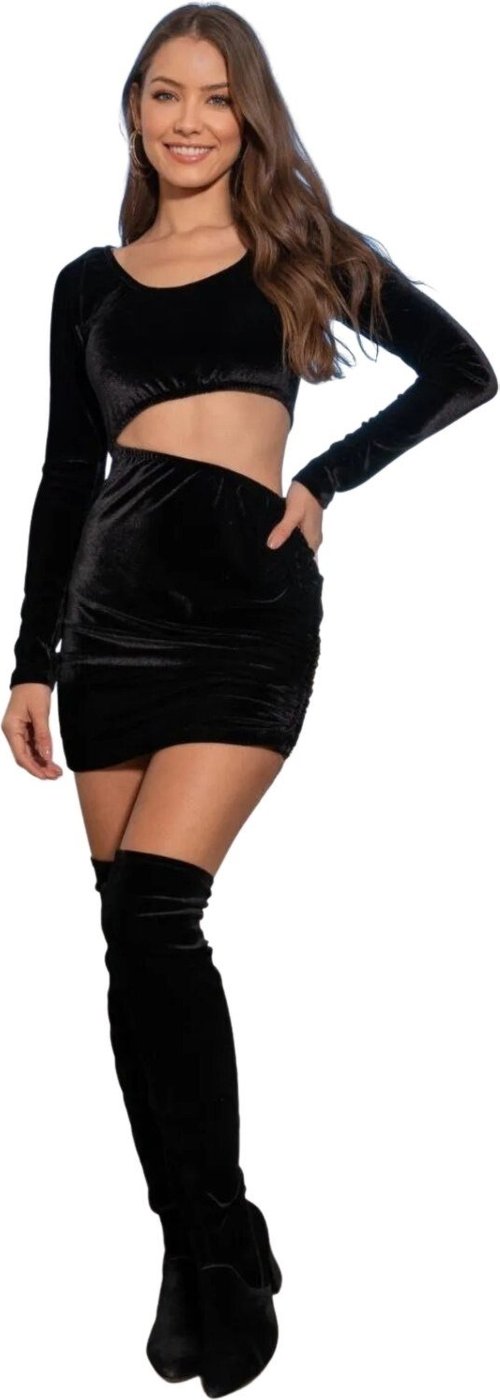 Vestido Curto Veludo 1 manga Abertura Lateral