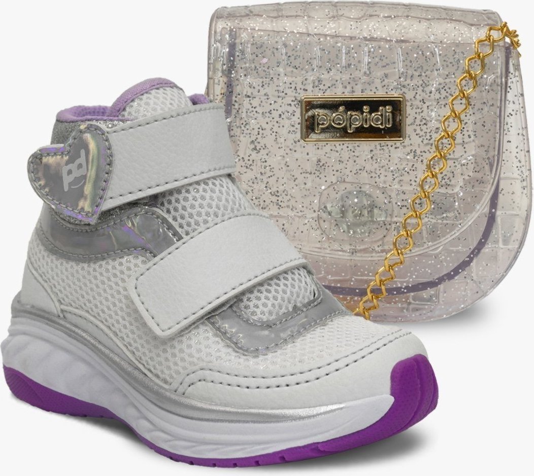Imagem principal Infantil - Kit Bolsa e Tenis Menina Cano Alto Pópidi Glitter Prata branco Pópidí branco