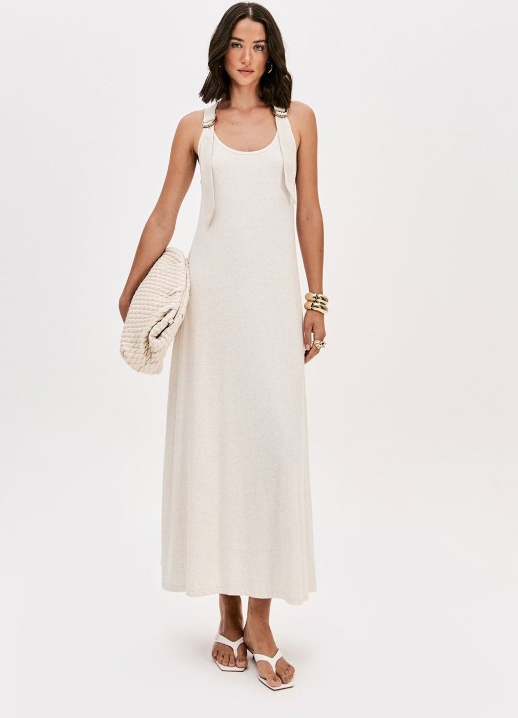 Vestido Canelado Super Midi Com Linho