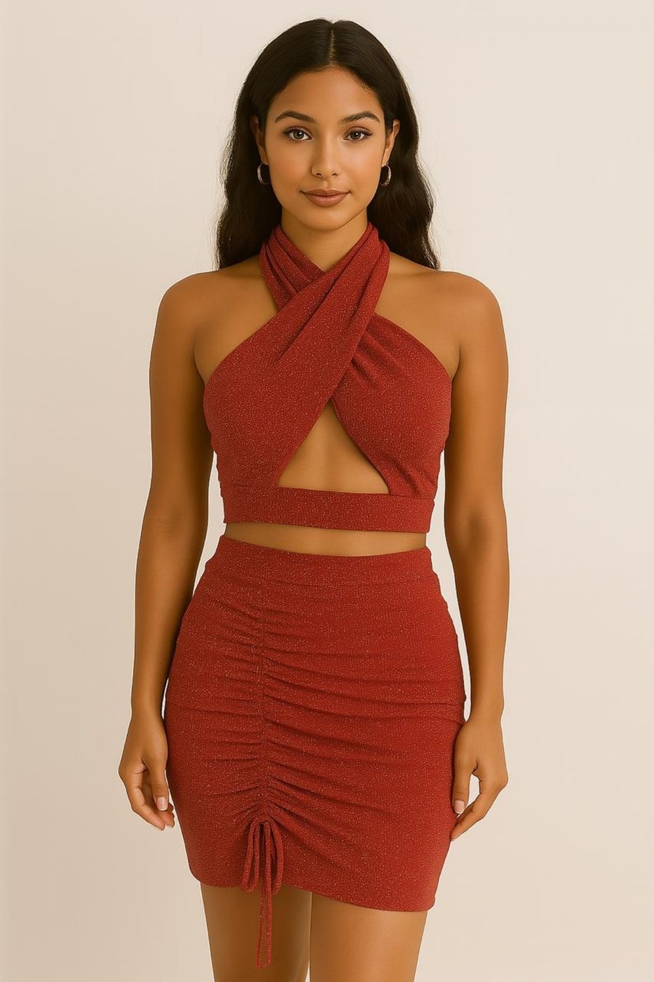 Conjunto Brilho Fatal -Copped Transpassado e Saia Lurex