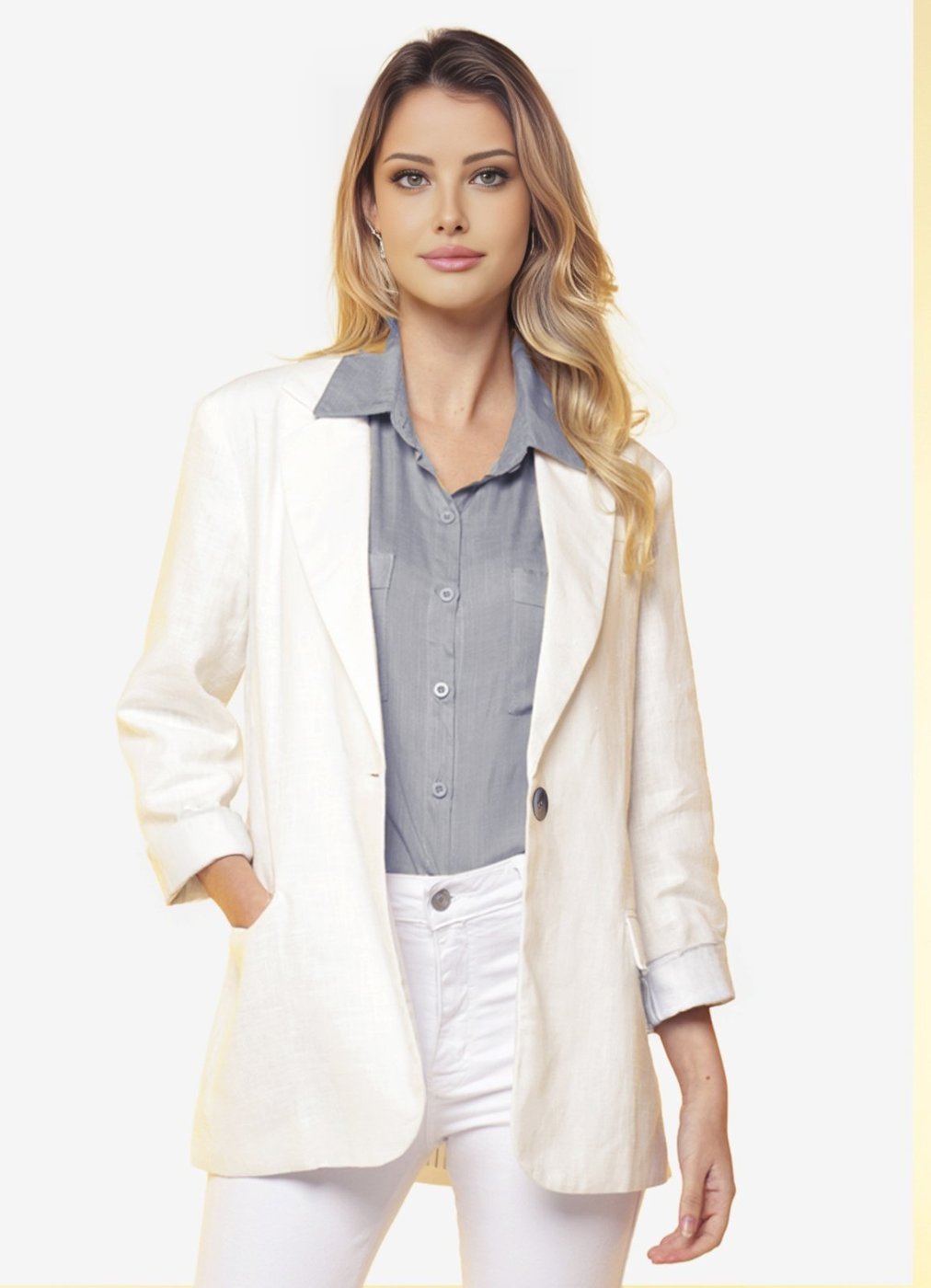 Blazer de Linho Puro Feminino Sob Longo com Bolsos