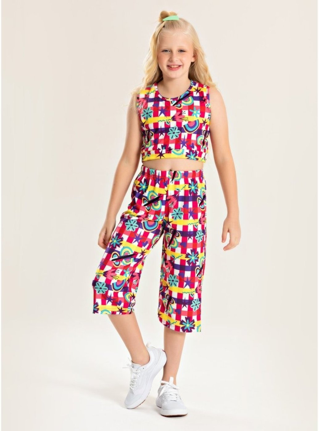 Infantil - Conjunto Molekada Verão Menina Pink Cropped Com Abertura nas Costas e Calça Pantacourt