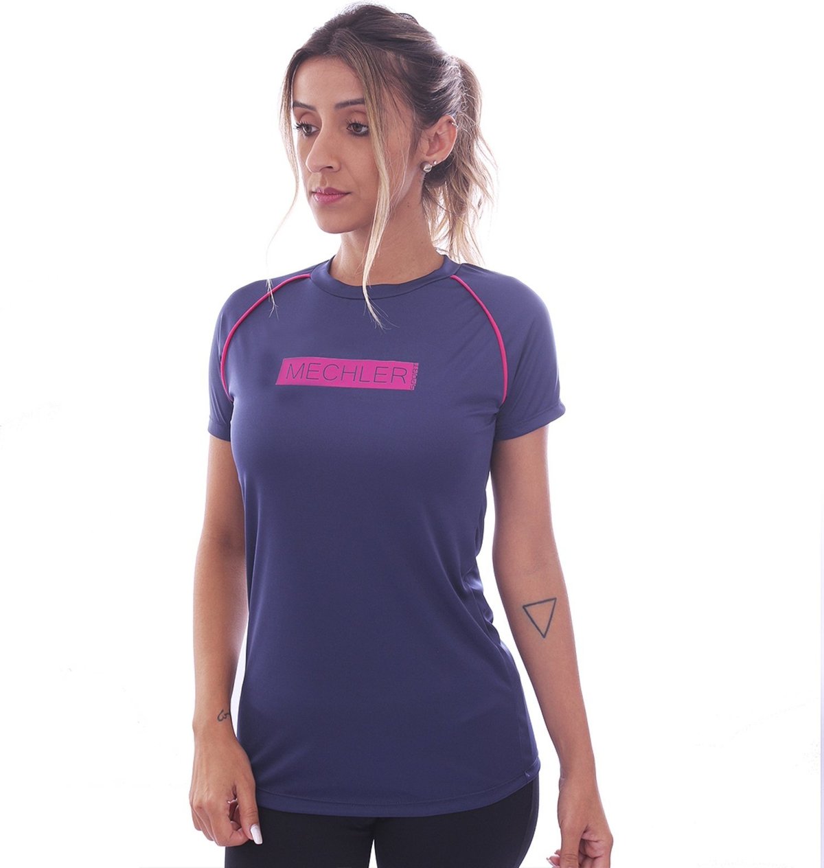Camiseta Feminina Dryfit Raglan Manga Curta Proteção Solar UV 50 Academia Verão Adulto Esporte Mechler Marinho