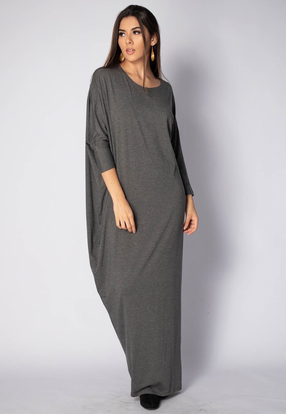 Vestido Longo Amazonia Vital Morcego Manga 3/4 Assimétrico Mescla