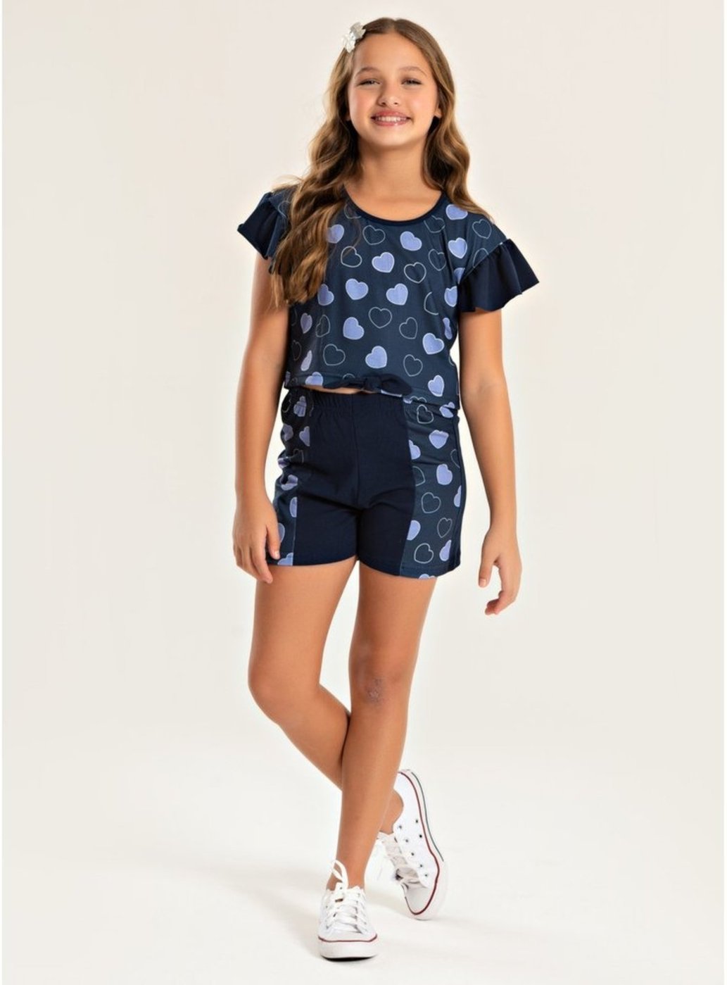 Imagem principal Infantil - Conjunto Verão Menina Marinho Cropped Com Amarração e Shorts Com Recorte Corações Molekada azul Molekada azul
