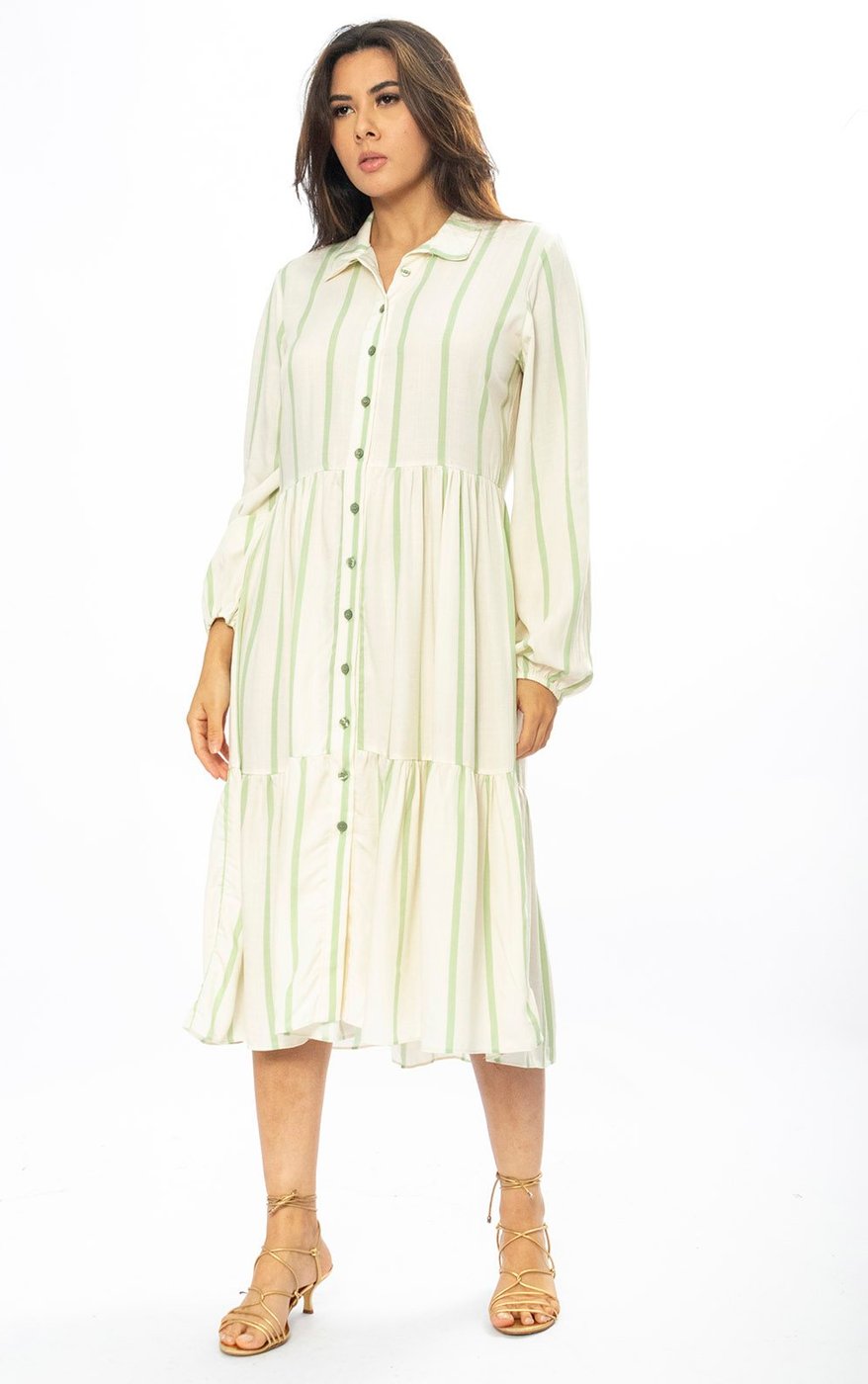 Vestido Midi Amazônia Vital Estampa Essencial Listrado Verde