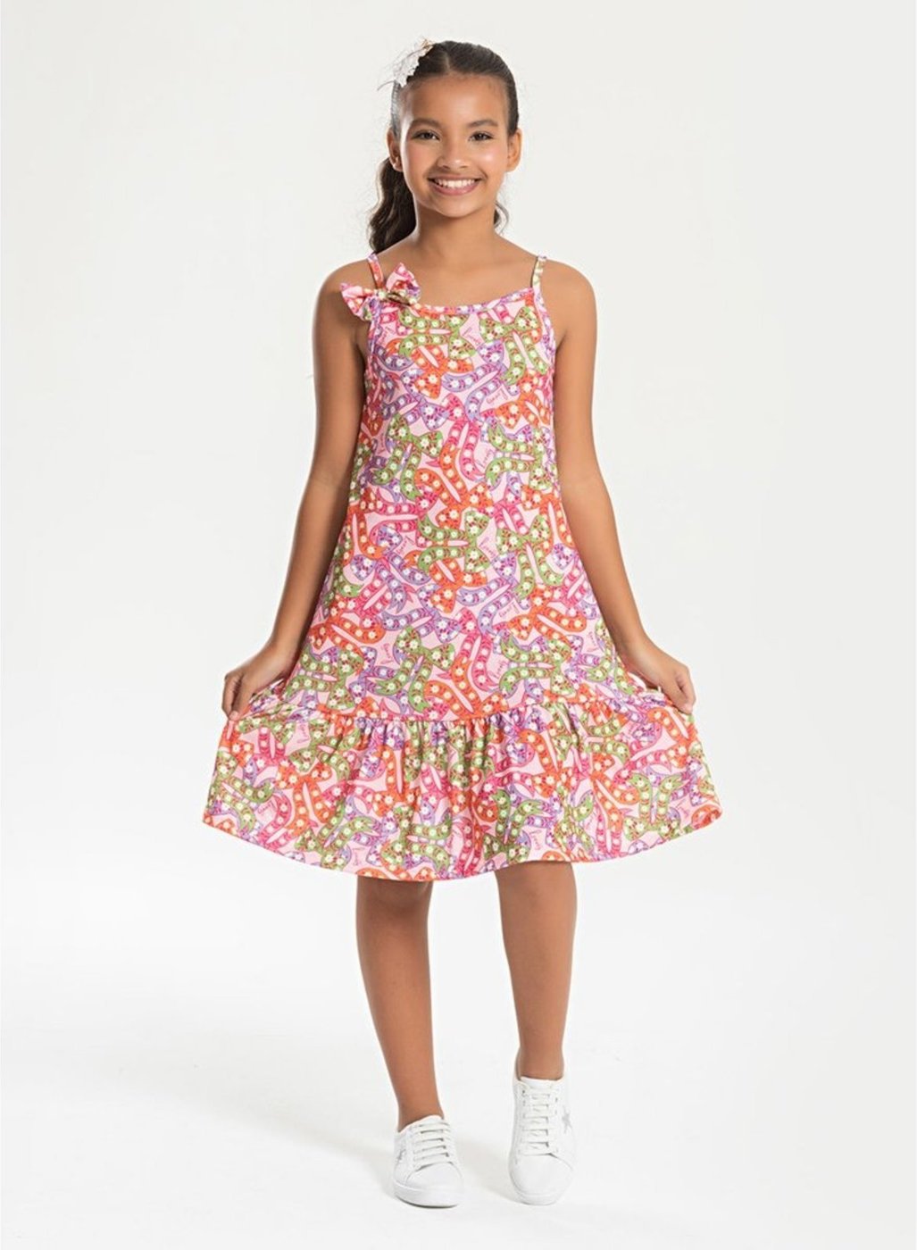 Infantil - Vestido Alcinha Verão Menina com Babado Lacinhos