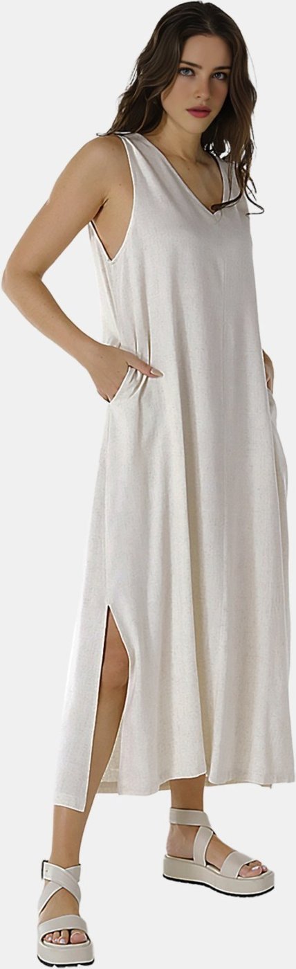 Vestido Longo de Linho Areia Gola V com Bolsos