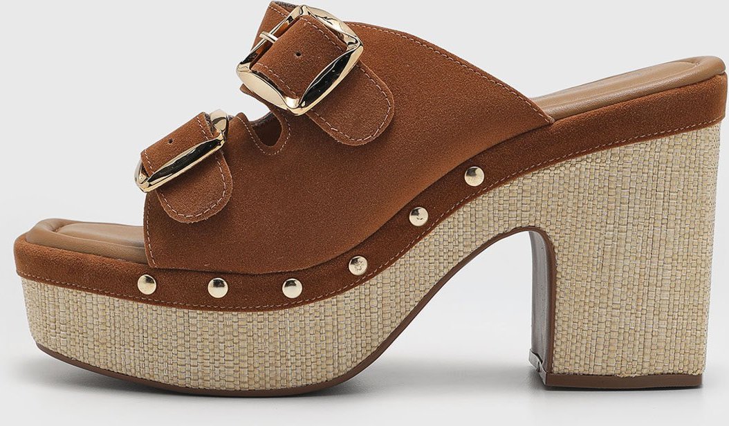 Sandália Feminina cê Duas Fivelas Salto Bloco Caramelo