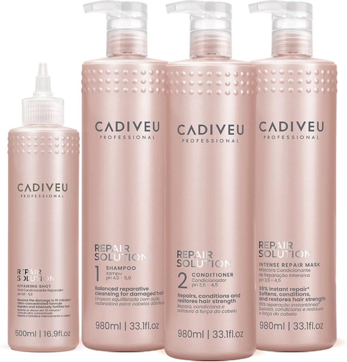 Kit Cadiveu Repair Solution Shampoo Sem Sulfato Condicionador Máscara e Shot (4 produtos)