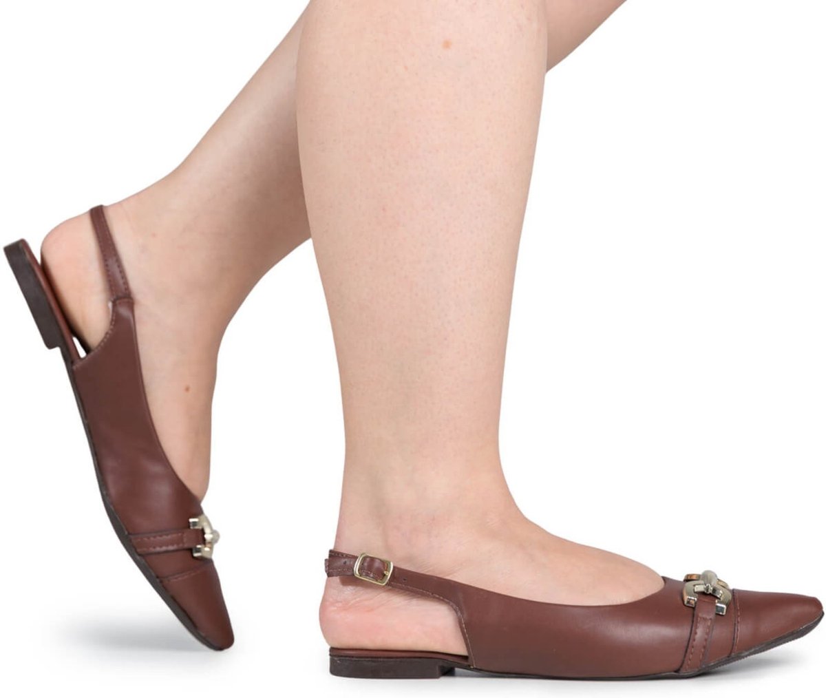 Sapatilha Slingback Feminina Flat Bico Fino Enfeite ABS Casual Confortável Via Angel 9401 Terra