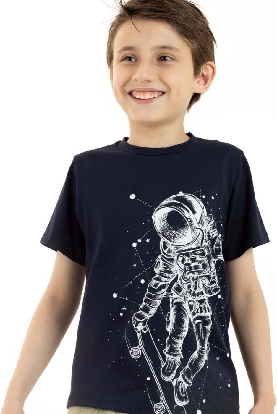 Infantil - Camiseta Curta de Verão Menino Skatista em Órbita Magicamente
