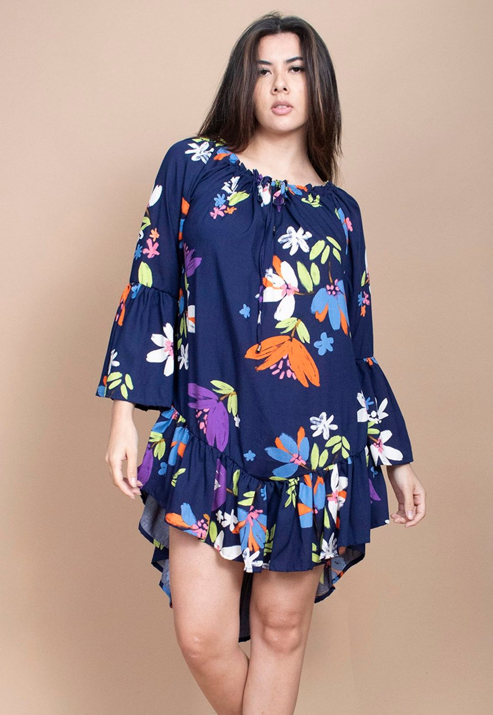 Vestido Curto Cabanafree Viscose Com Babados Estampa Festa das Flores Azul