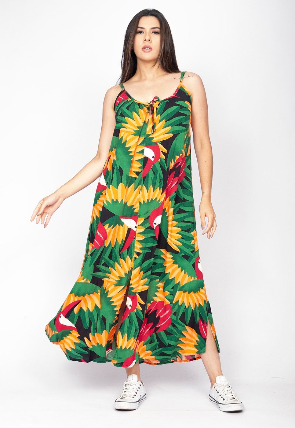 Vestido Longo Cabanafree Caçuá Viscose Alça Fina Estampa Festa dos Tucanos