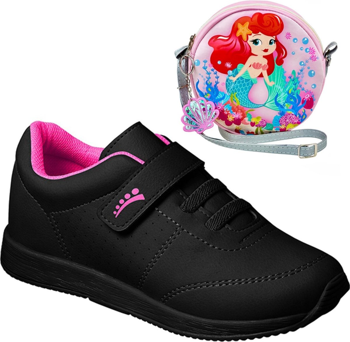 Imagem principal Infantil - KIT Tênis Jogging Menina + Bolsa Sereia Escolar Brinde Fashion Festa Moda Ortopasso preto Ortopasso preto