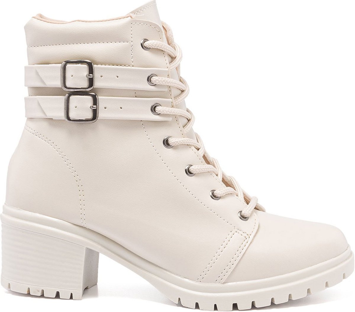 Coturno Feminino Stessy Shoes Bota Cano Curto Salto Baixo Dupla Fivela Off White