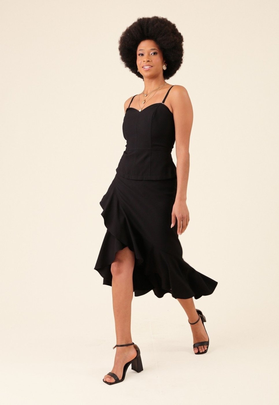 Saia Midi Pop Me Em Alfaiataria Com Babados