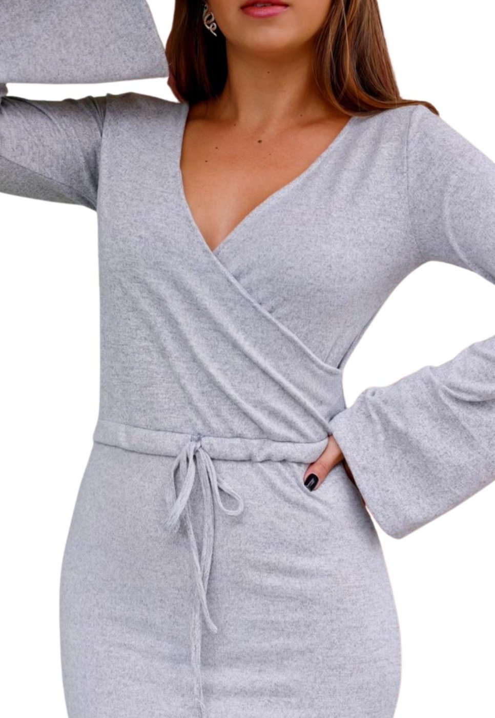Vestido de Inverno Comfy Lãzinha Transpasse Manga Longa Flare Mescla