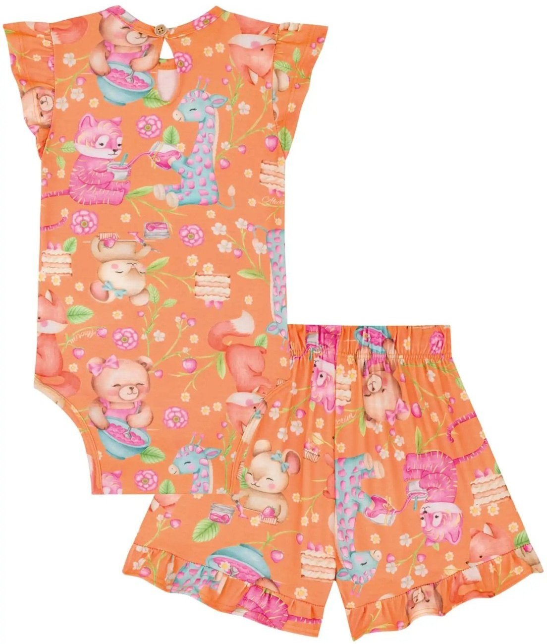 Infantil - Conjunto Kukiê Body Ursinha e Shorts Laranja Estampad G