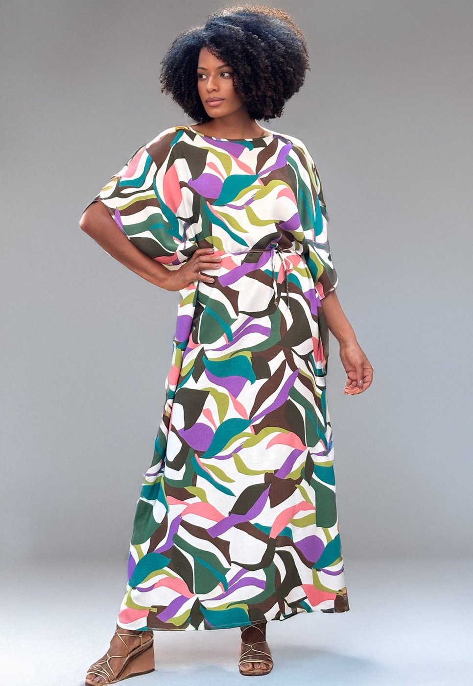 Vestido Amazonia Vital Kaftan Viscose Longo Estampa Encanto Botânico