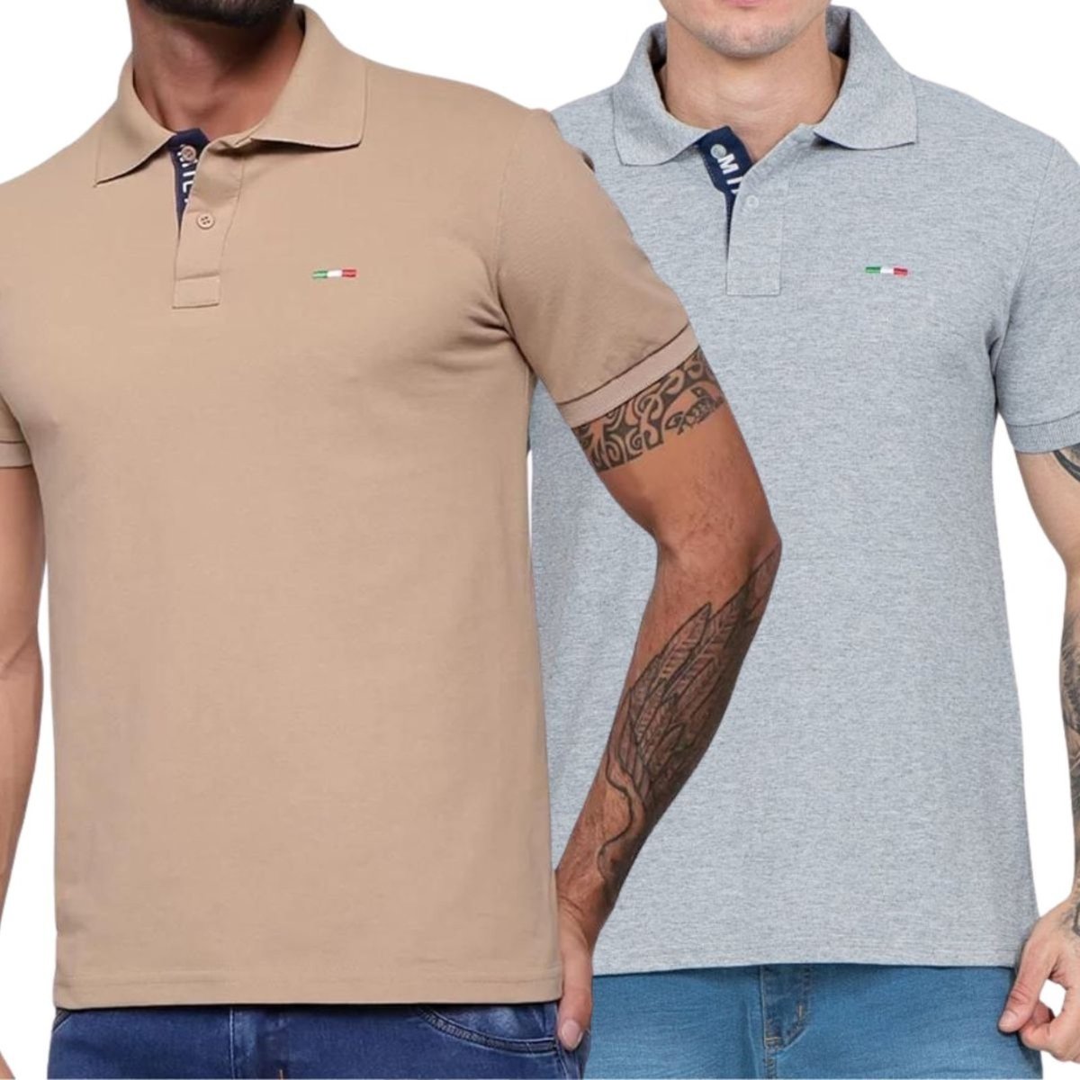 Imagem principal Kit 2 Polos FMF Masculina Básicas Piquet no Estilo Tommy Bordado Itália Bege Cinza multicolorido FMF multicolorido