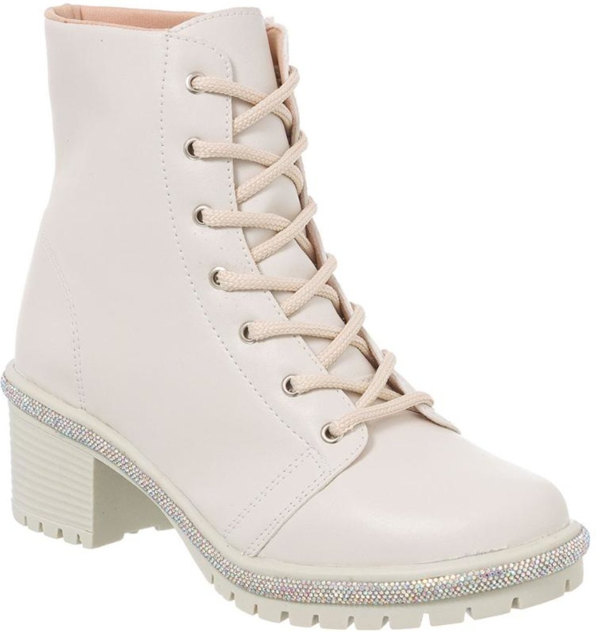 Bota Coturno Feminino Strass Cano Curto Saltinho Médio Leve Moda Off White