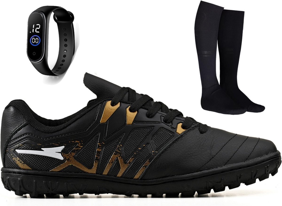 Imagem principal Kit Chuteira Futebol Society Bico de Couro Campo Grama Sintetica + Meião + Relogio Adulto CALCADOS LGHT LIGHT preto CALCADOS LGHT LIGHT preto