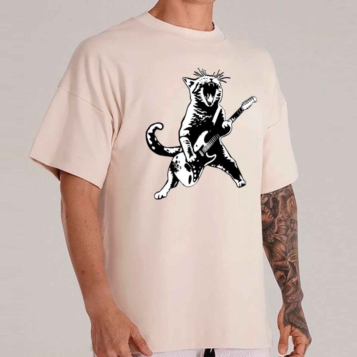 Imagem principal Camiseta Ousy Unissex Streetwear Cat Guitar Rock Urbano Oversized Off White off-white white ousy off-white white