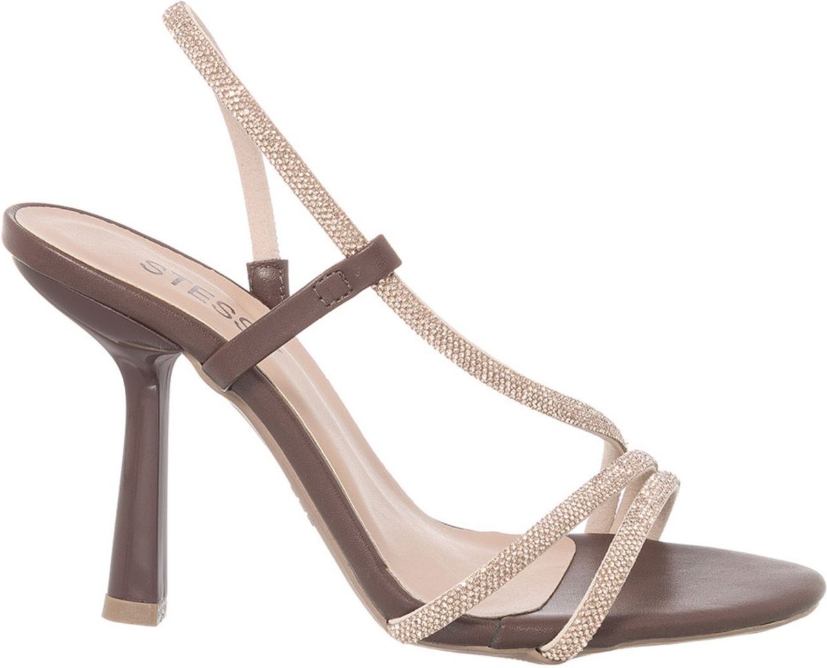 Sandália Feminina Stessy Salto Alto Fino Original Strass Festa Luxo Marrom