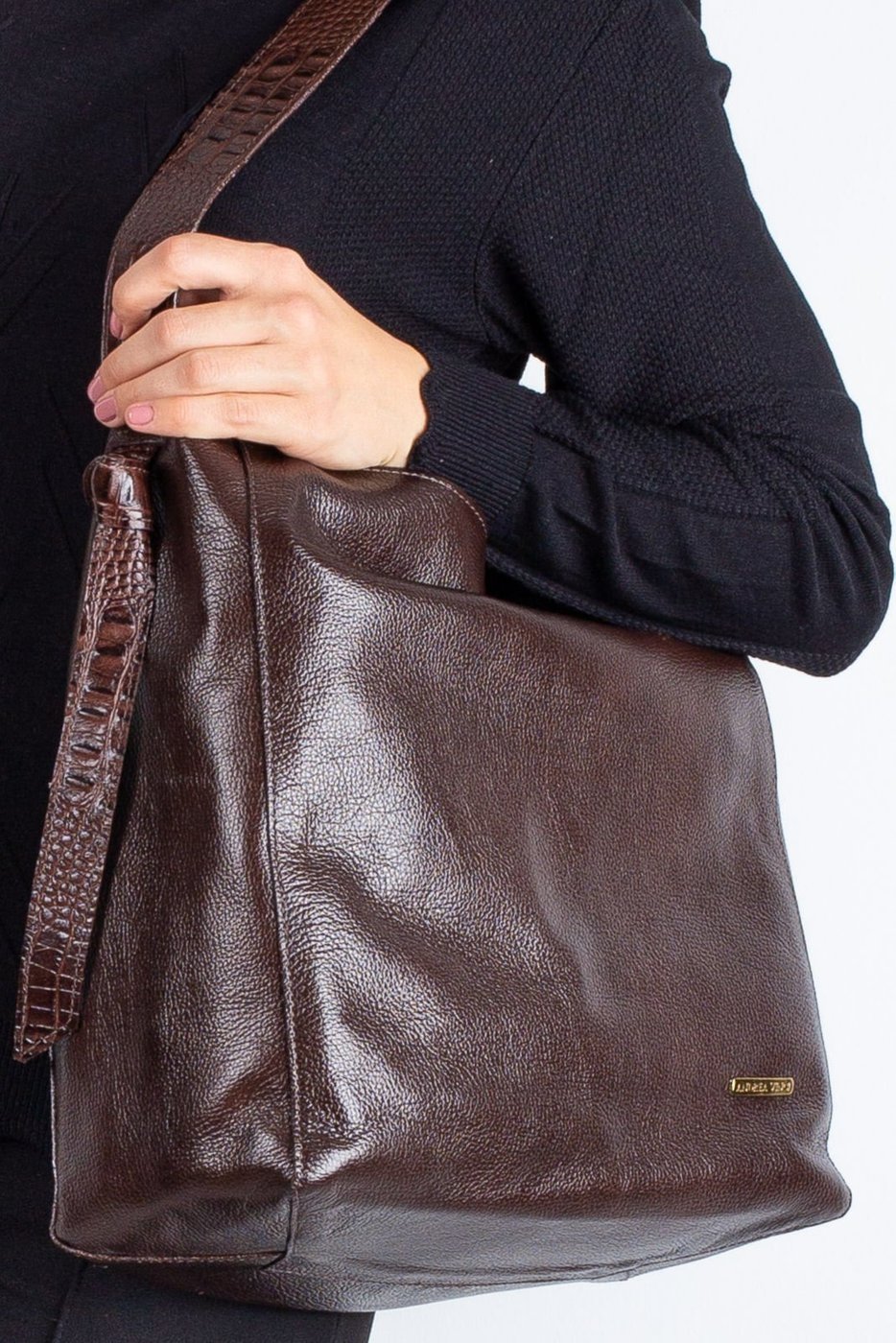 Imagem principal Bolsa sacola de ombro em couro croco Mara - Café Andrea Vinci azul Andrea Vinci azul