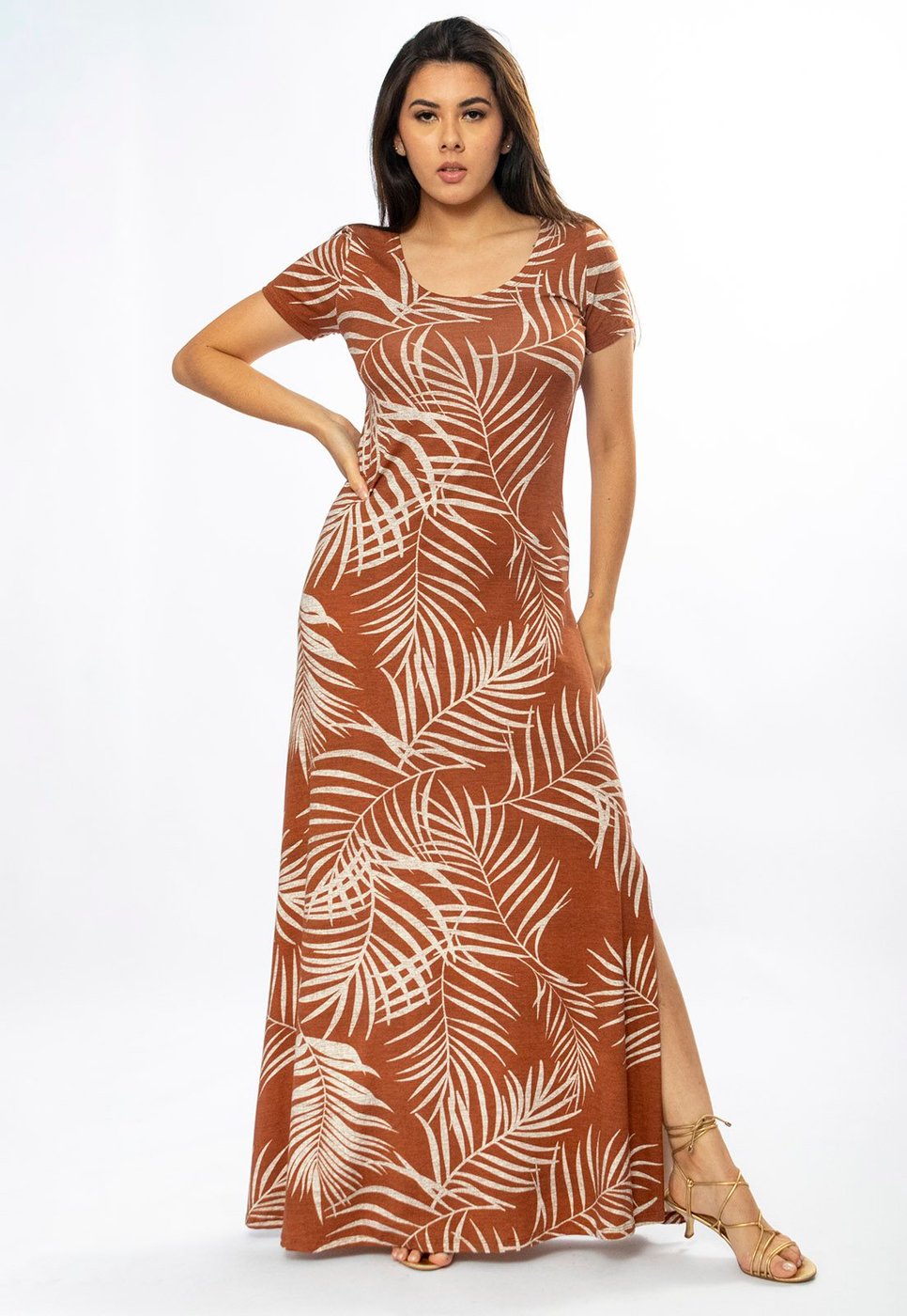 Vestido Longo Cabanafree Malha Gola Canoa Manga Curta Estampa Palmas da Terra