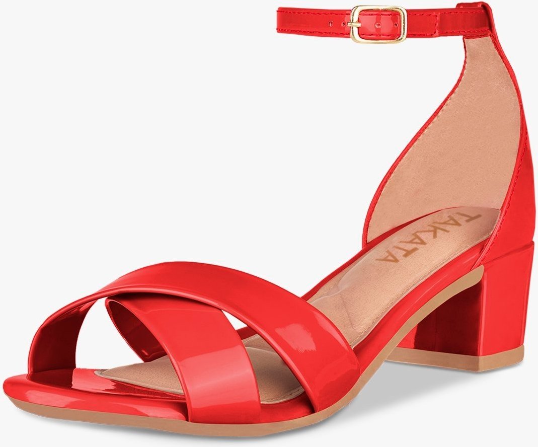 Sandália Feminina Salto Bloco Grosso Quadrado Baixo Tira Cruzada Verniz