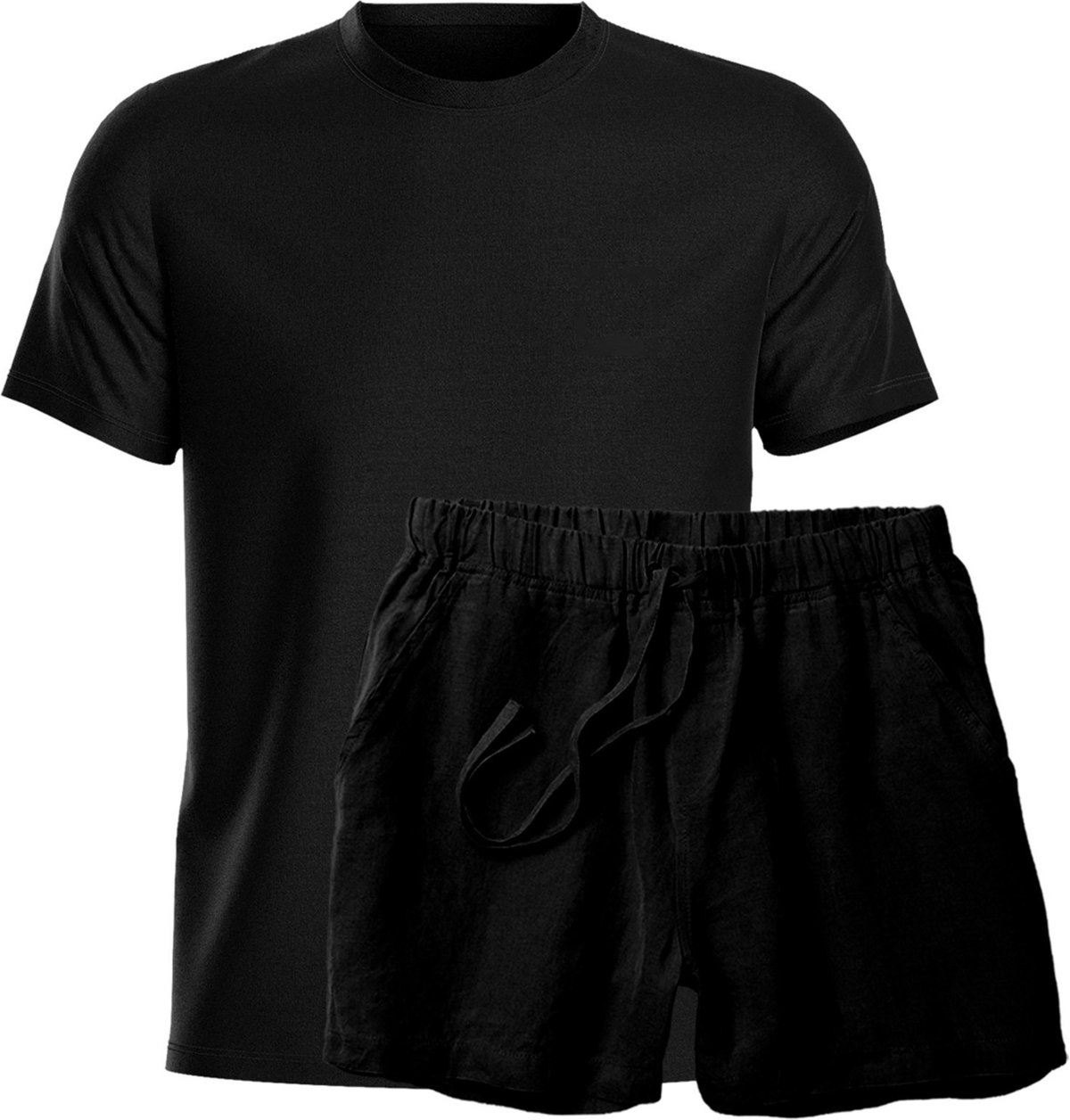 Imagem principal Conjunto Camiseta e Short Linho Premium Bermuda Masculina Moda Praia Luxo Relaxado preto Relaxado preto