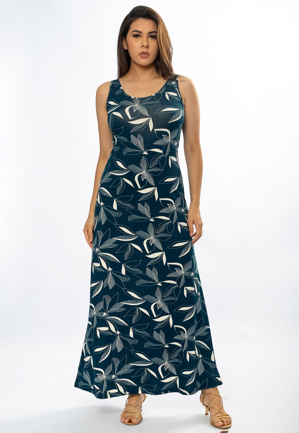 Vestido Longo Cabanafree Butiá Malha Regata Estampa Hibisco Blue