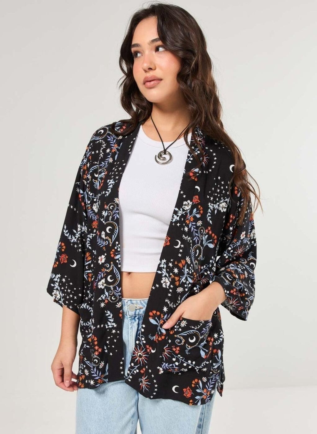 Kimono Preto Estampa Florida