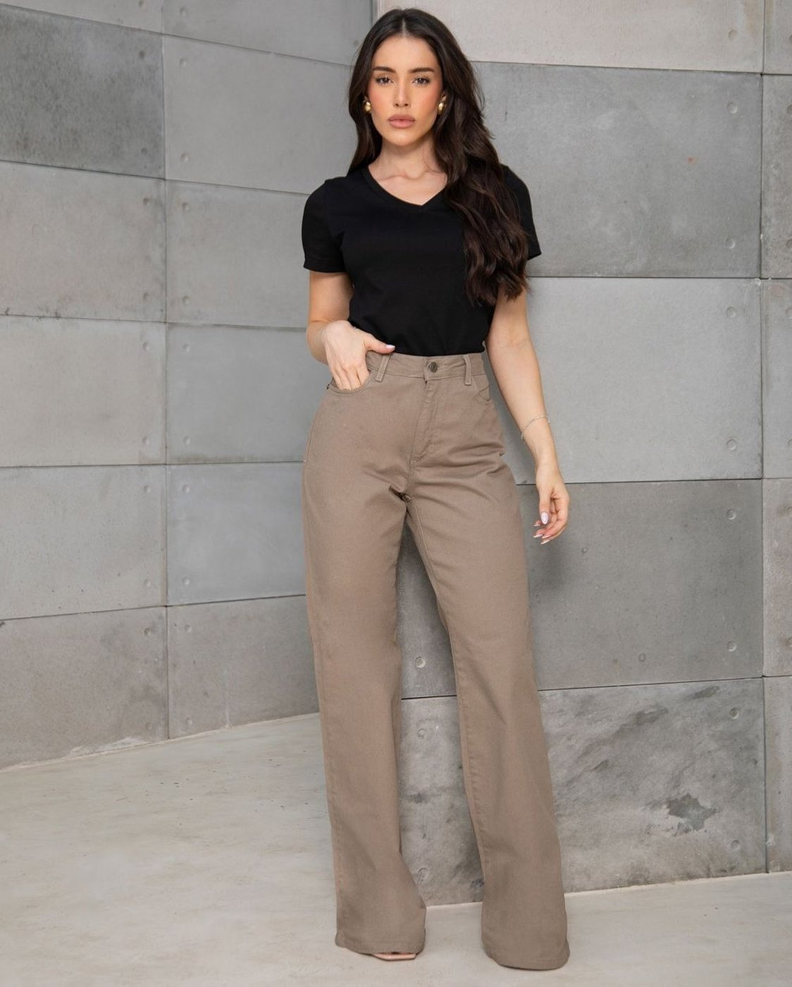 Calça Jeans Wide Leg Feminina Cintura Alta Básica com Elastano 28000 Caqui