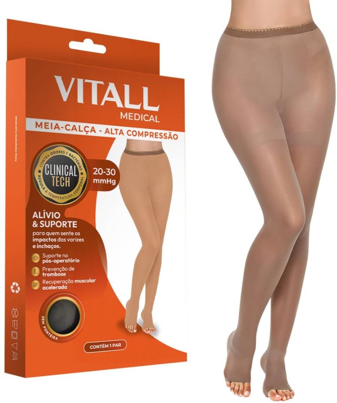 Meia Calça Sem Ponteira Alta Compressão 20-30 mmHg Vitall Medical 1891