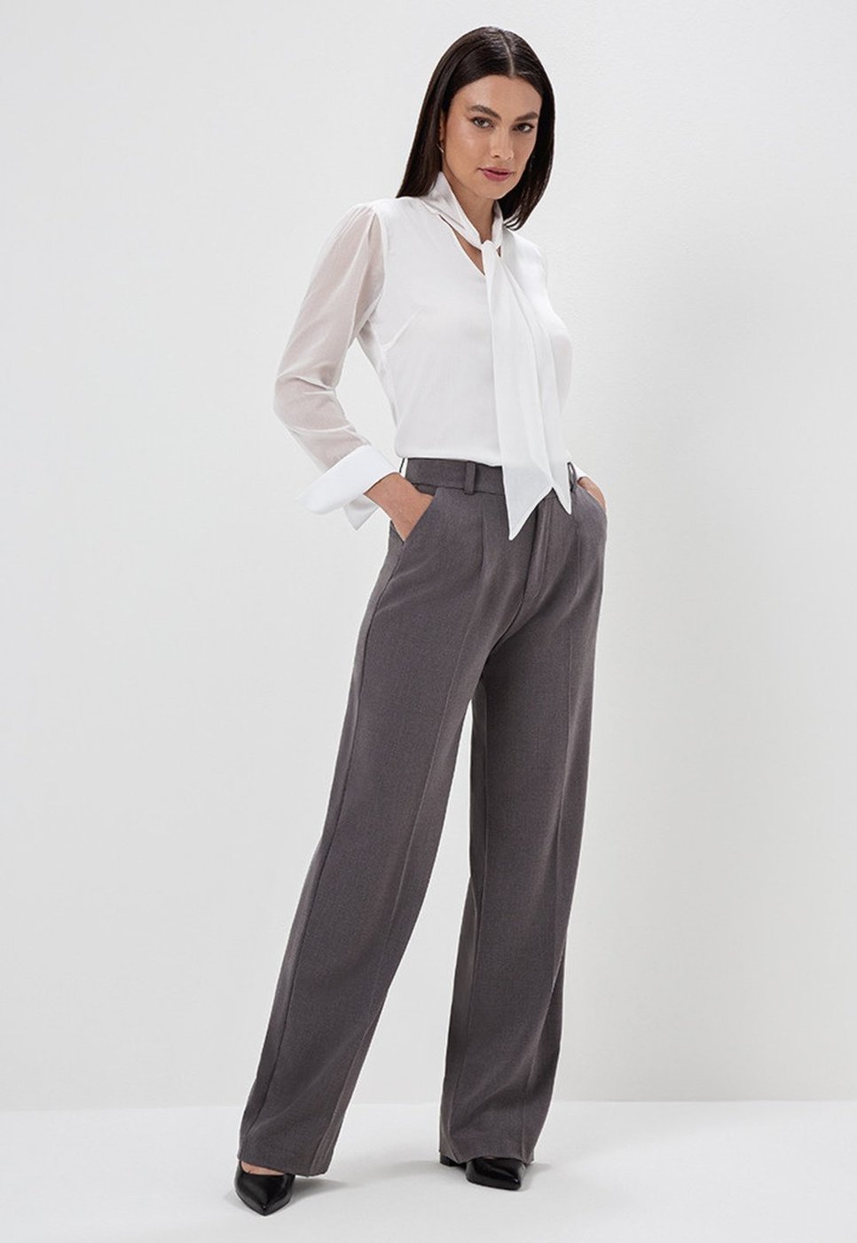 Calça Principessa Wide Leg de Alfaiataria Mescla Escuro Rosemara