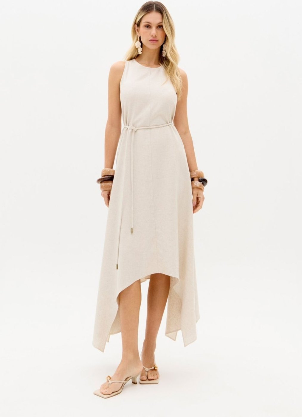 Vestido Super Midi Assimétrico Com Linho