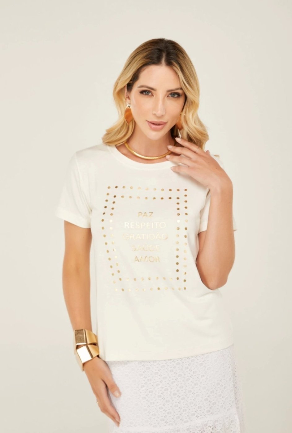 Imagem principal T-Shirt D Bell Outlet Fashion Tshirt Especial Foil - Paz Respeito Gratidão Off- White off-white white D BELL OUTLET FASHION off-white white