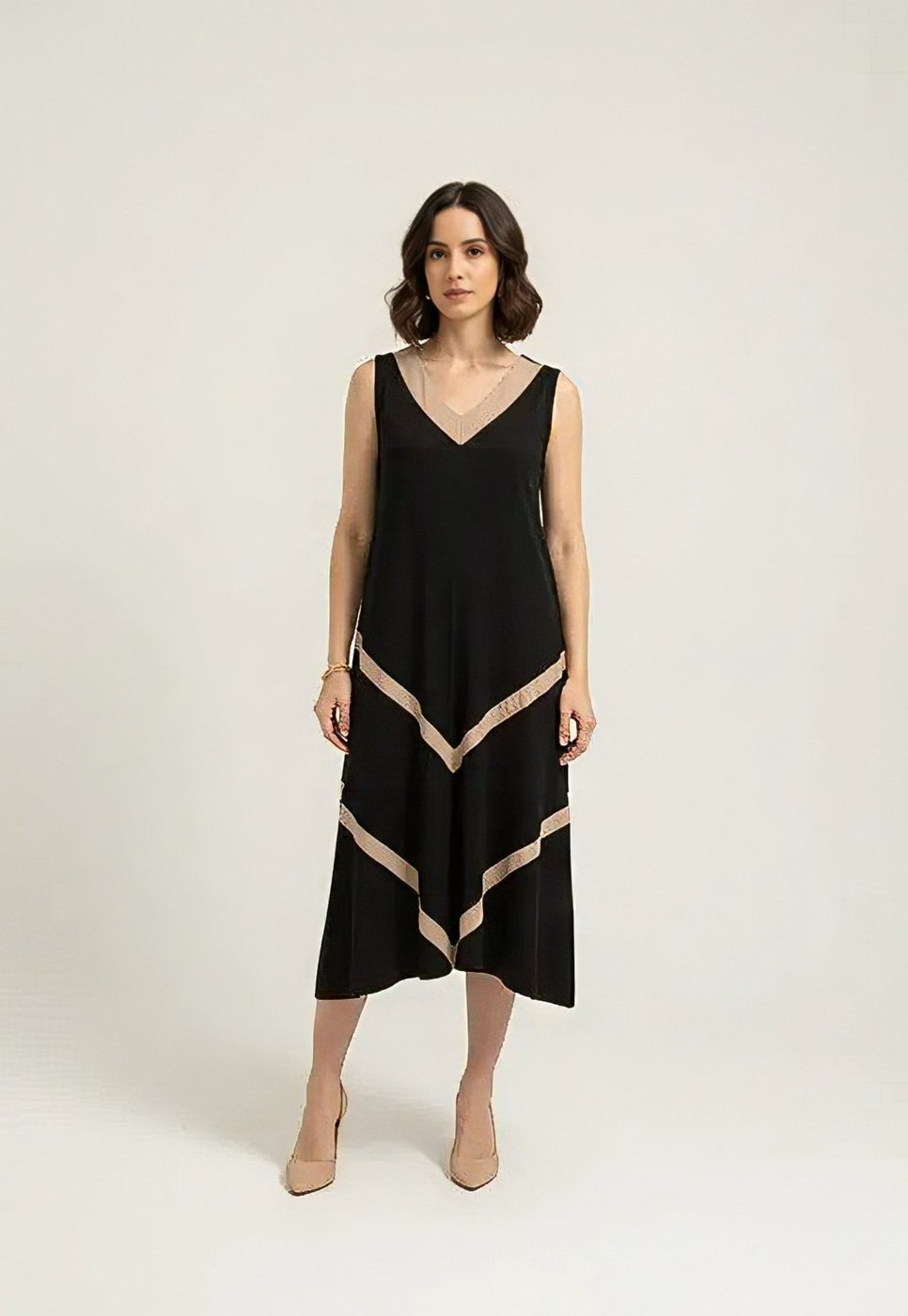 Vestido CabanaFee Serena Regata Malha Midi Plus Preto e Ocre