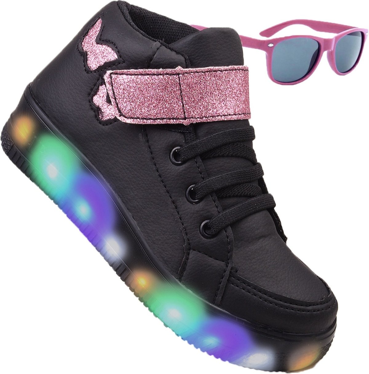 Imagem principal Infantil - Tenis Feminino de Led Botinha Borboleta Glitter Calce Facil + Oculos Venza preto Venza preto