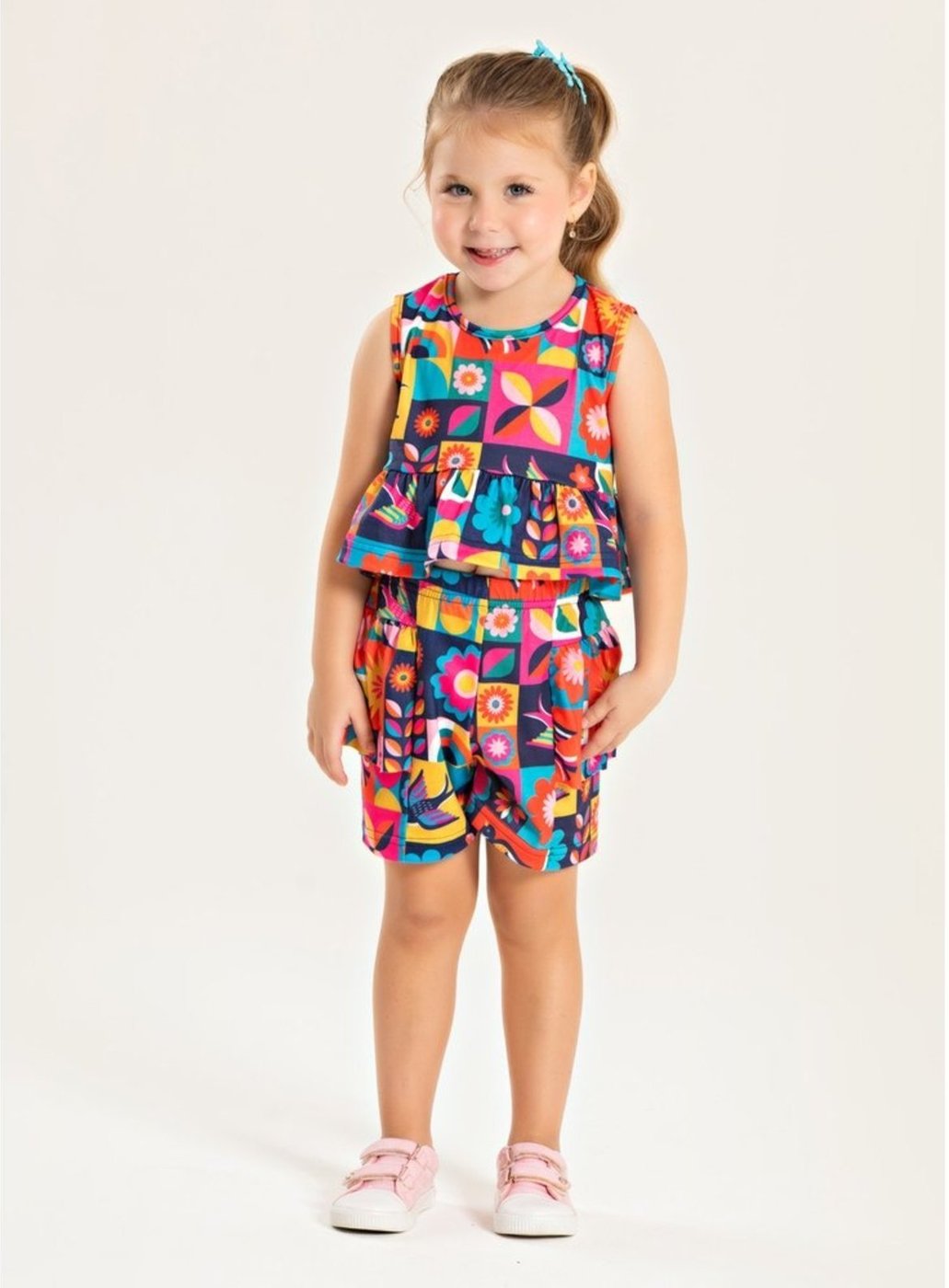 Imagem principal Infantil - Conjunto Molekada Verão Menina Pink Marinho Regata e Shorts Com Babado Mosaico de Flores azul pink Molekada azul pink