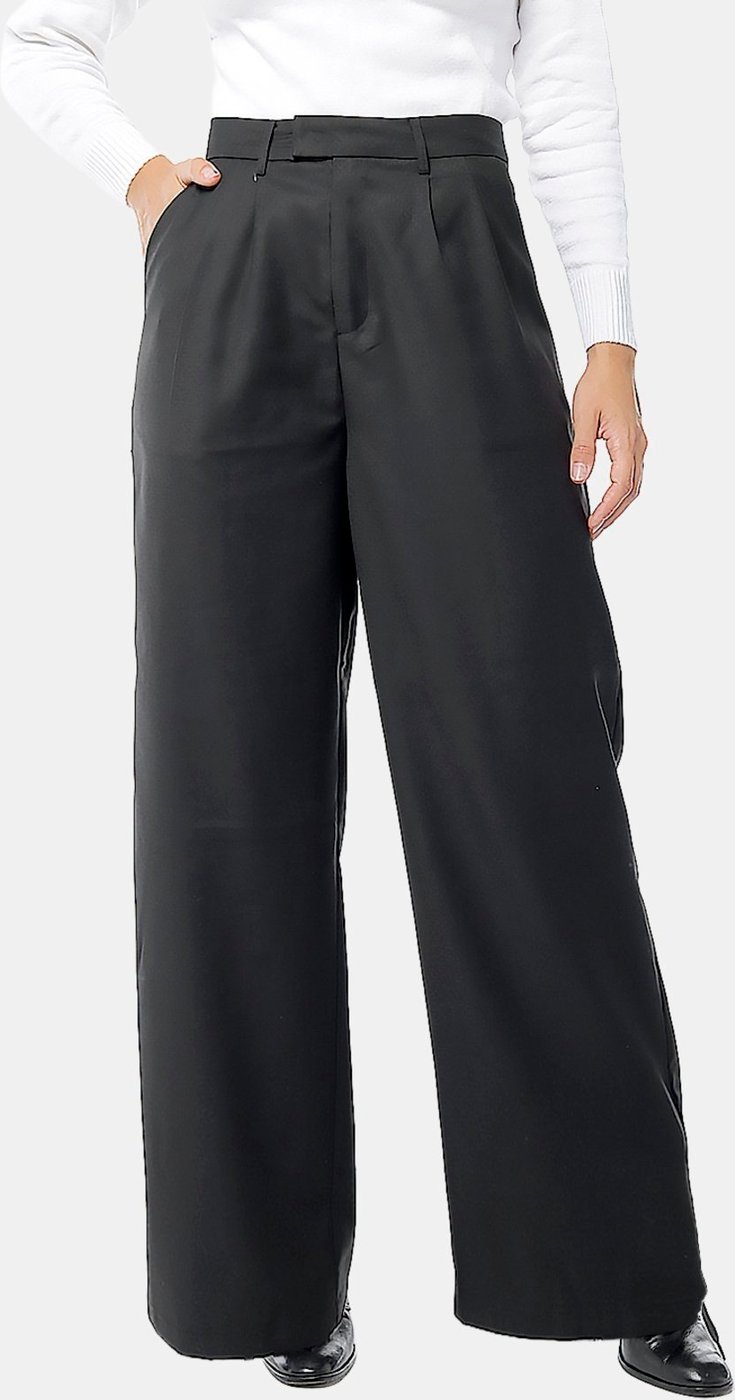 Calça de Pregas Preta Sob Cintura Alta em Viscose com Elastano