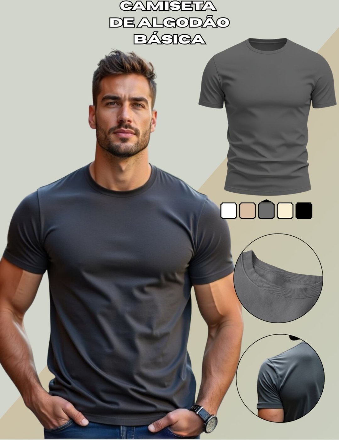 Imagem principal Camiseta Básica Masculina GuGi Lisa T-shirt Moda Camisa Casual Chumbo cinza Gugi cinza