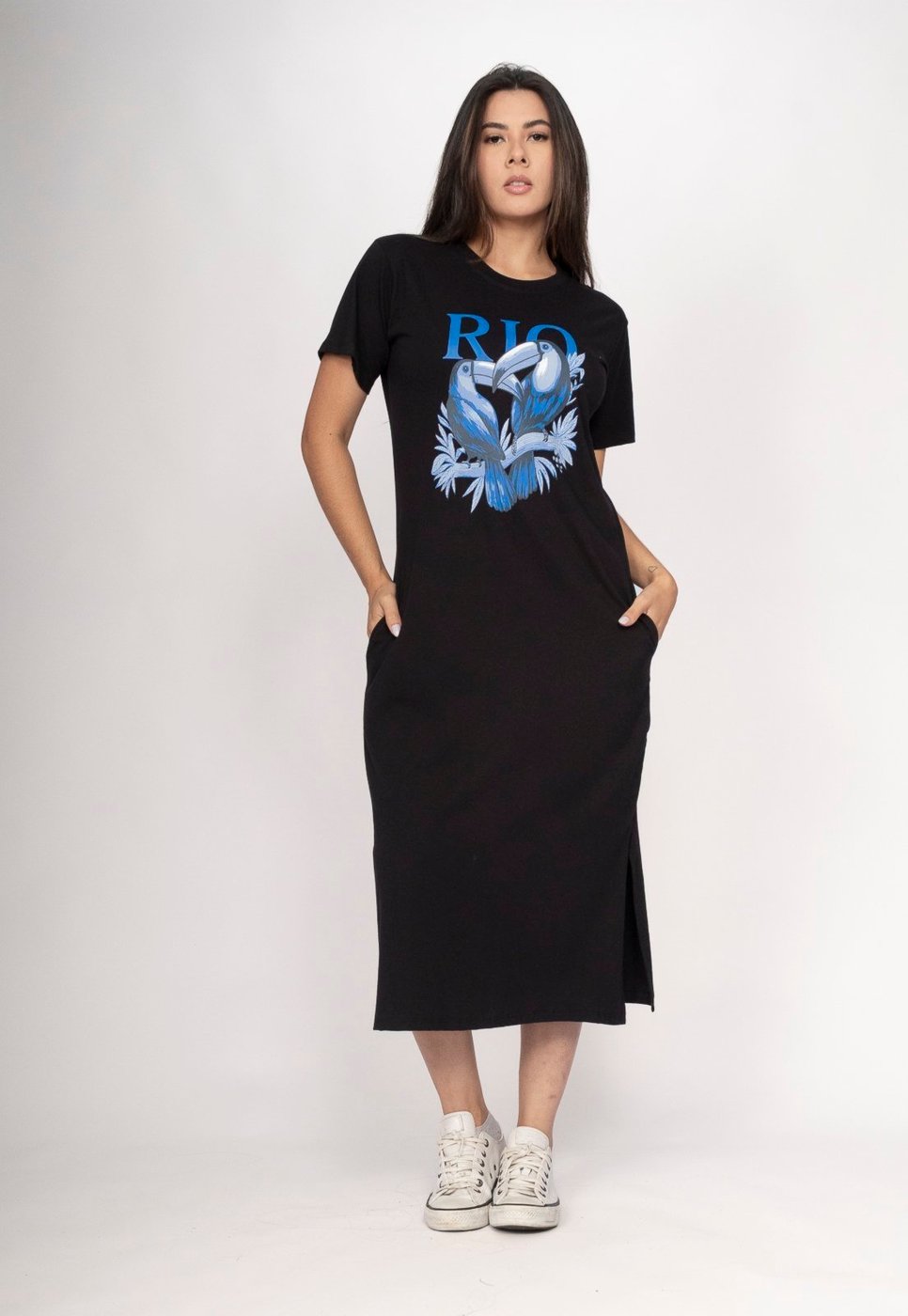 Vestido CabanaFree Midi Algodão Manga Curta Araras RIO Sombra da Mata