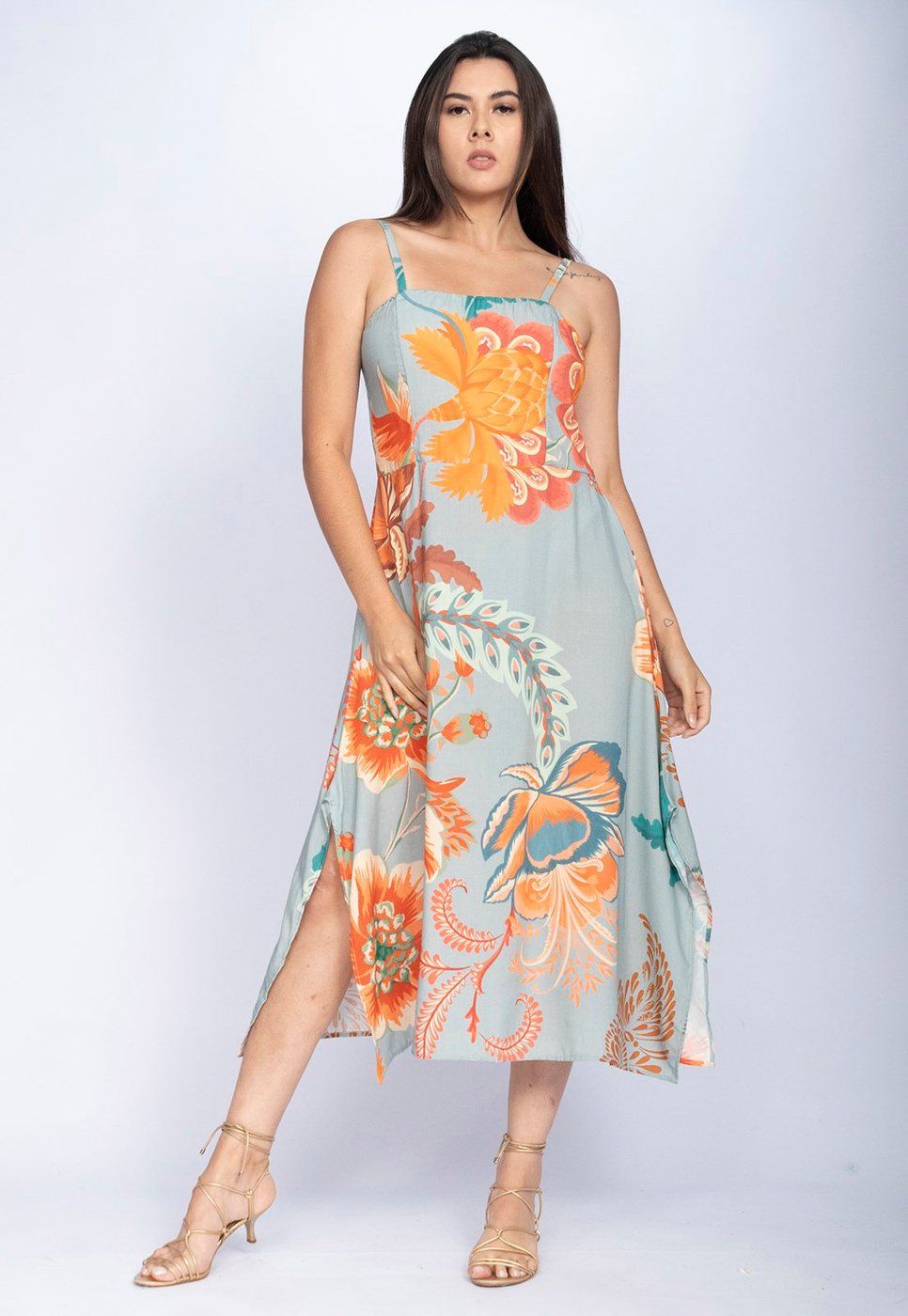 Vestido Amazonia Vital Midi Amazó Alça Fina Estampa Tropical Light