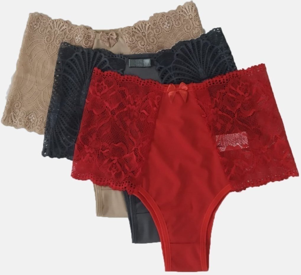 Imagem principal Kit com 3 calcinhas cinta Luxo cintura alta Doce Encanto Ref 013 branco/preto/vermelho Doce Encanto branco/preto/vermelho